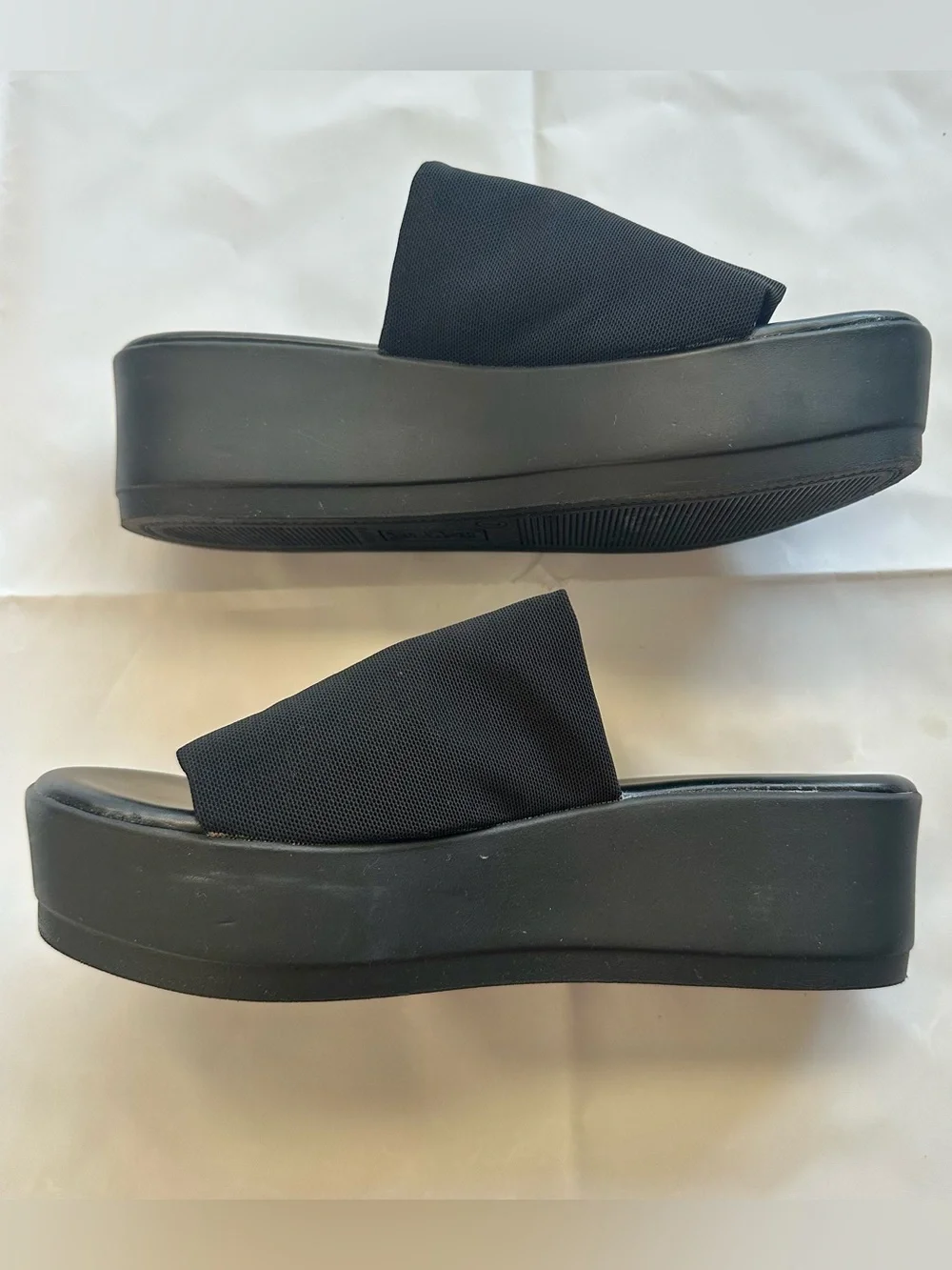 Brash black platform slide sandals, size 7